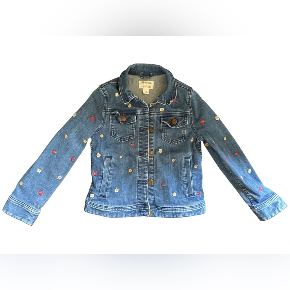 Madewell x Crewcuts Girls Kids Denim Jacket w/ Flowers Floral Embroidery Sz 8